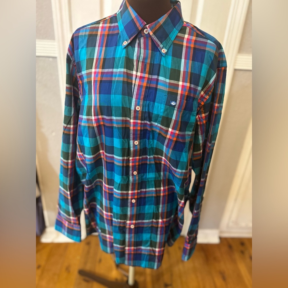 Southern Tide Blue and Green Plaid Shirt